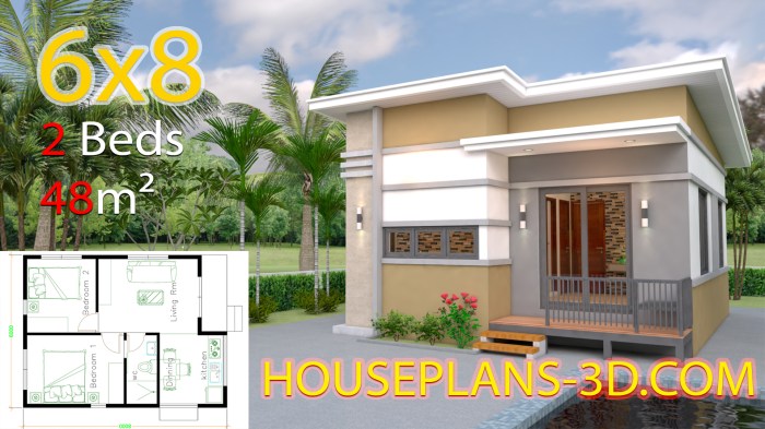 House 6x8 bedrooms hip roof 3d plans